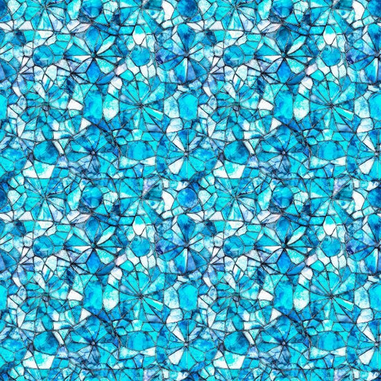 Image of Lumenique Mosaic Blender Blue quilting cotton fabric by Dan Morris for QT Fabrics. Features a printed stained glass pattern on a blue background. Cute Little Fabric Shop.