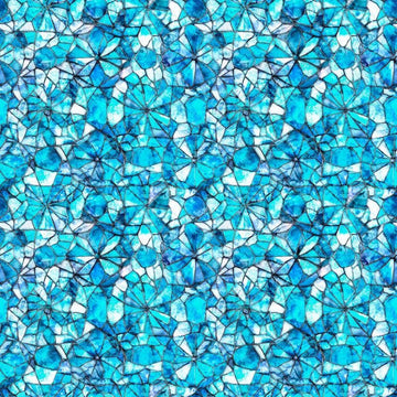 Image of Lumenique Mosaic Blender Blue quilting cotton fabric by Dan Morris for QT Fabrics. Features a printed stained glass pattern on a blue background. Cute Little Fabric Shop.