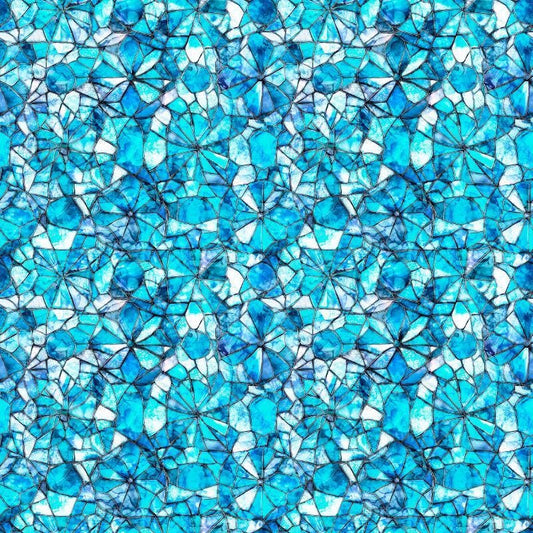 Image of Lumenique Mosaic Blender Blue quilting cotton fabric by Dan Morris for QT Fabrics. Features a printed stained glass pattern on a blue background. Cute Little Fabric Shop.