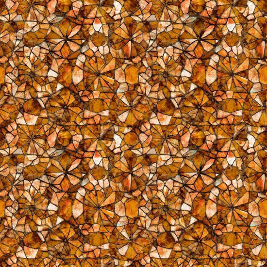 Image of Lumenique Mosaic Blender Copper quilting cotton fabric by Dan Morris for QT Fabrics. Features a printed stained glass pattern on a brown background. Cute Little Fabric Shop.