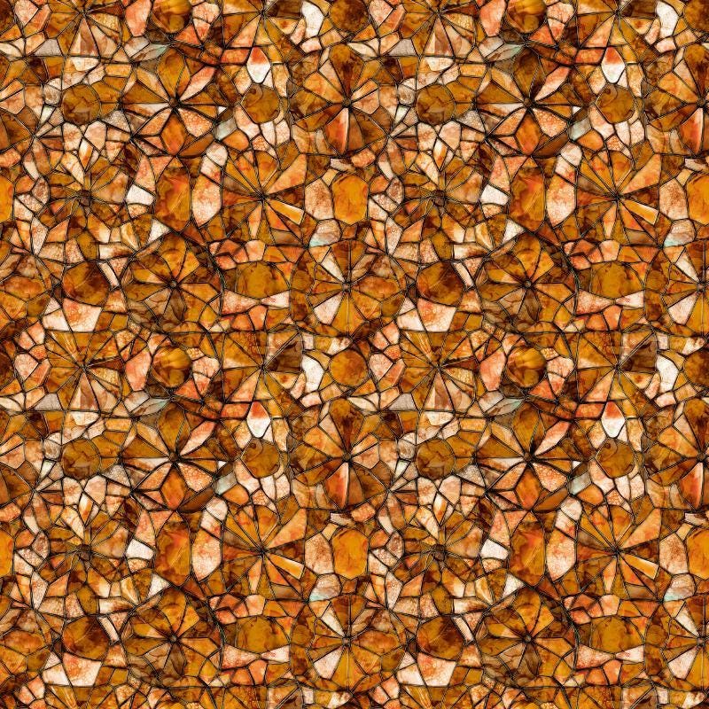 Image of Lumenique Mosaic Blender Copper quilting cotton fabric by Dan Morris for QT Fabrics. Features a printed stained glass pattern on a brown background. Cute Little Fabric Shop.