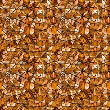 Image of Lumenique Mosaic Blender Copper quilting cotton fabric by Dan Morris for QT Fabrics. Features a printed stained glass pattern on a brown background. Cute Little Fabric Shop.