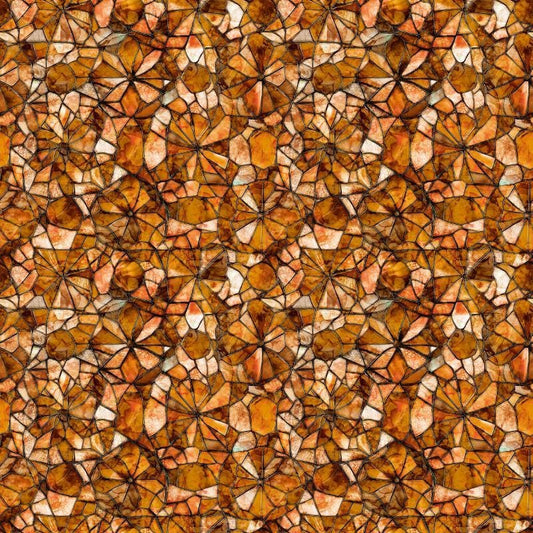 Image of Lumenique Mosaic Blender Copper quilting cotton fabric by Dan Morris for QT Fabrics. Features a printed stained glass pattern on a brown background. Cute Little Fabric Shop.