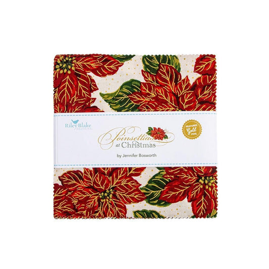 SALE Poinsettias at Christmas 5" Stacker Floral Fabric - 5-17630-42 - 42-Piece Precut - Riley Blake Quilting Cotton Fabric