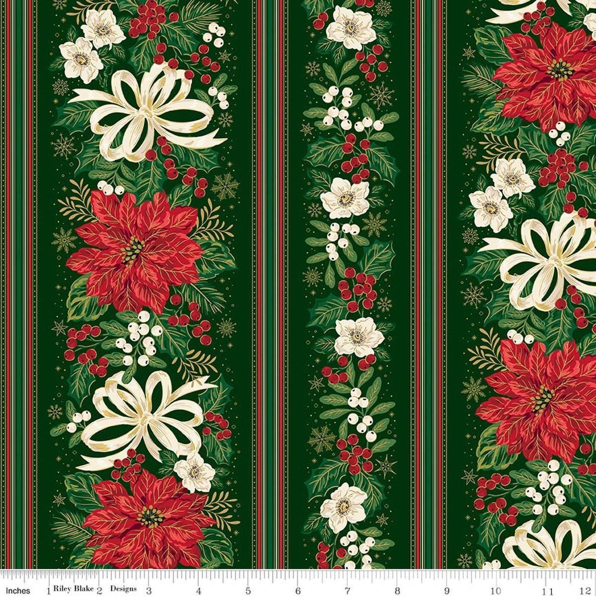 Image of Poinsettias at Christmas Border Stripe Green Foil quilting cotton fabric by Jennifer Bosworth for Riley Blake Designs. Features flowers on a green background. Cute Little Fabric Shop.