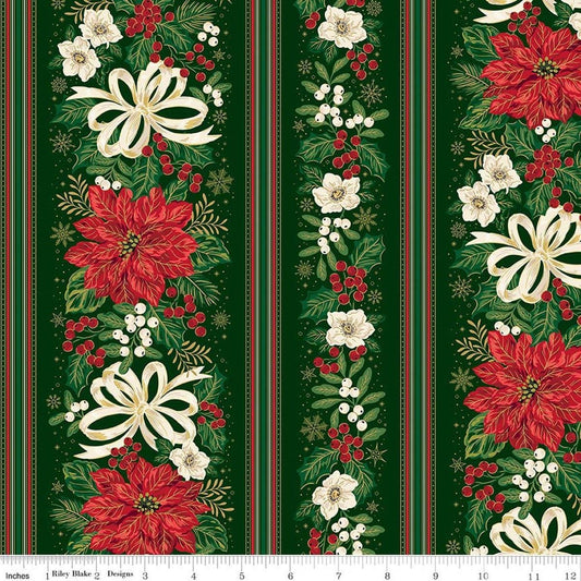 Image of Poinsettias at Christmas Border Stripe Green Foil quilting cotton fabric by Jennifer Bosworth for Riley Blake Designs. Features flowers on a green background. Cute Little Fabric Shop.