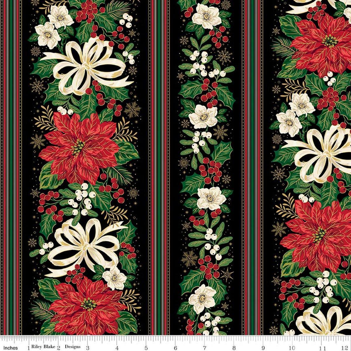 Image of Poinsettias at Christmas Border Stripe Blake Foil quilting cotton fabric by Jennifer Bosworth for Riley Blake Designs. Features flowers on a black background. Cute Little Fabric Shop.