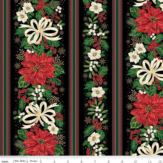 Image of Poinsettias at Christmas Border Stripe Blake Foil quilting cotton fabric by Jennifer Bosworth for Riley Blake Designs. Features flowers on a black background. Cute Little Fabric Shop.
