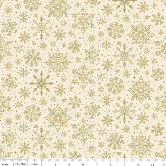 Image of Poinsettias at Christmas Snowflakes Cream Foil quilting cotton fabric by Jennifer Bosworth for Riley Blake Designs. Features snowflakes on a cream background. Cute Little Fabric Shop.