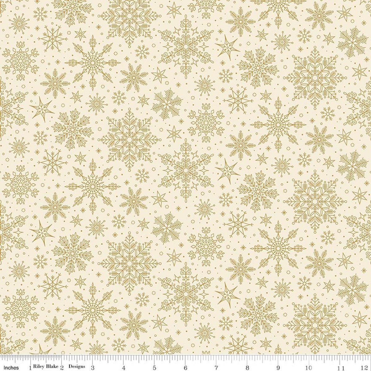 Image of Poinsettias at Christmas Snowflakes Cream Foil quilting cotton fabric by Jennifer Bosworth for Riley Blake Designs. Features snowflakes on a cream background. Cute Little Fabric Shop.