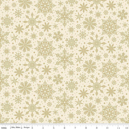 Image of Poinsettias at Christmas Snowflakes Cream Foil quilting cotton fabric by Jennifer Bosworth for Riley Blake Designs. Features snowflakes on a cream background. Cute Little Fabric Shop.
