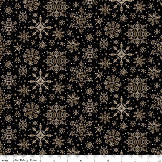 Image of Poinsettias at Christmas Snowflakes Black Foil quilting cotton fabric by Jennifer Bosworth for Riley Blake Designs. Features snowflakes on a black background. Cute Little Fabric Shop.