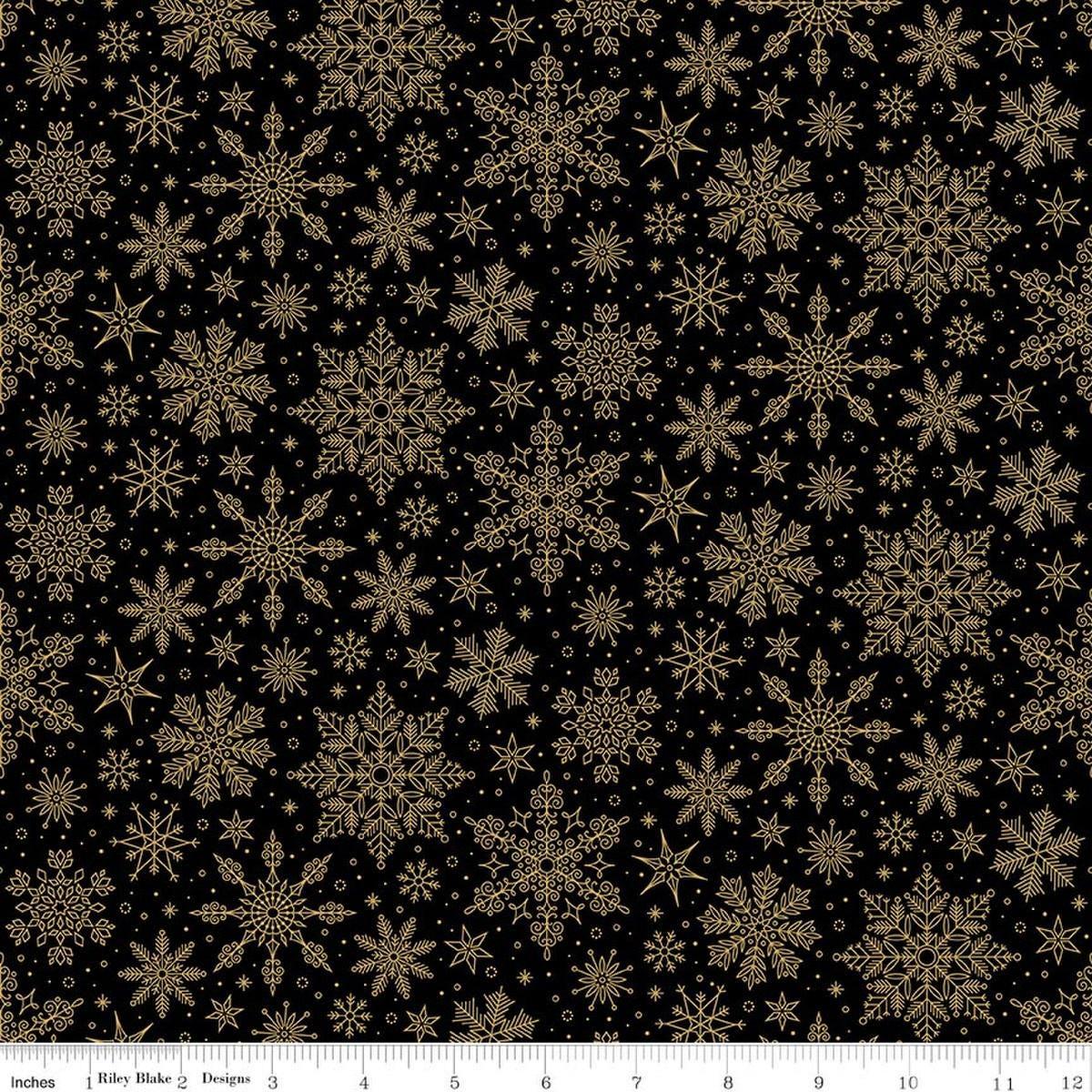 Image of Poinsettias at Christmas Snowflakes Black Foil quilting cotton fabric by Jennifer Bosworth for Riley Blake Designs. Features snowflakes on a black background. Cute Little Fabric Shop.