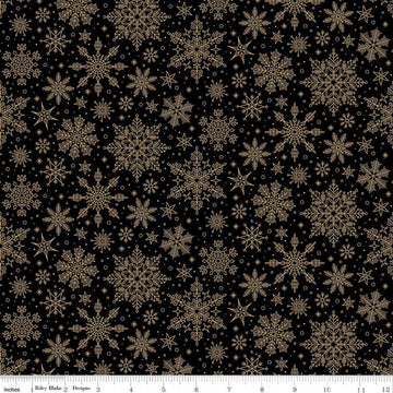 Image of Poinsettias at Christmas Snowflakes Black Foil quilting cotton fabric by Jennifer Bosworth for Riley Blake Designs. Features snowflakes on a black background. Cute Little Fabric Shop.