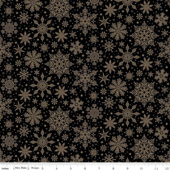 Image of Poinsettias at Christmas Snowflakes Black Foil quilting cotton fabric by Jennifer Bosworth for Riley Blake Designs. Features snowflakes on a black background. Cute Little Fabric Shop.
