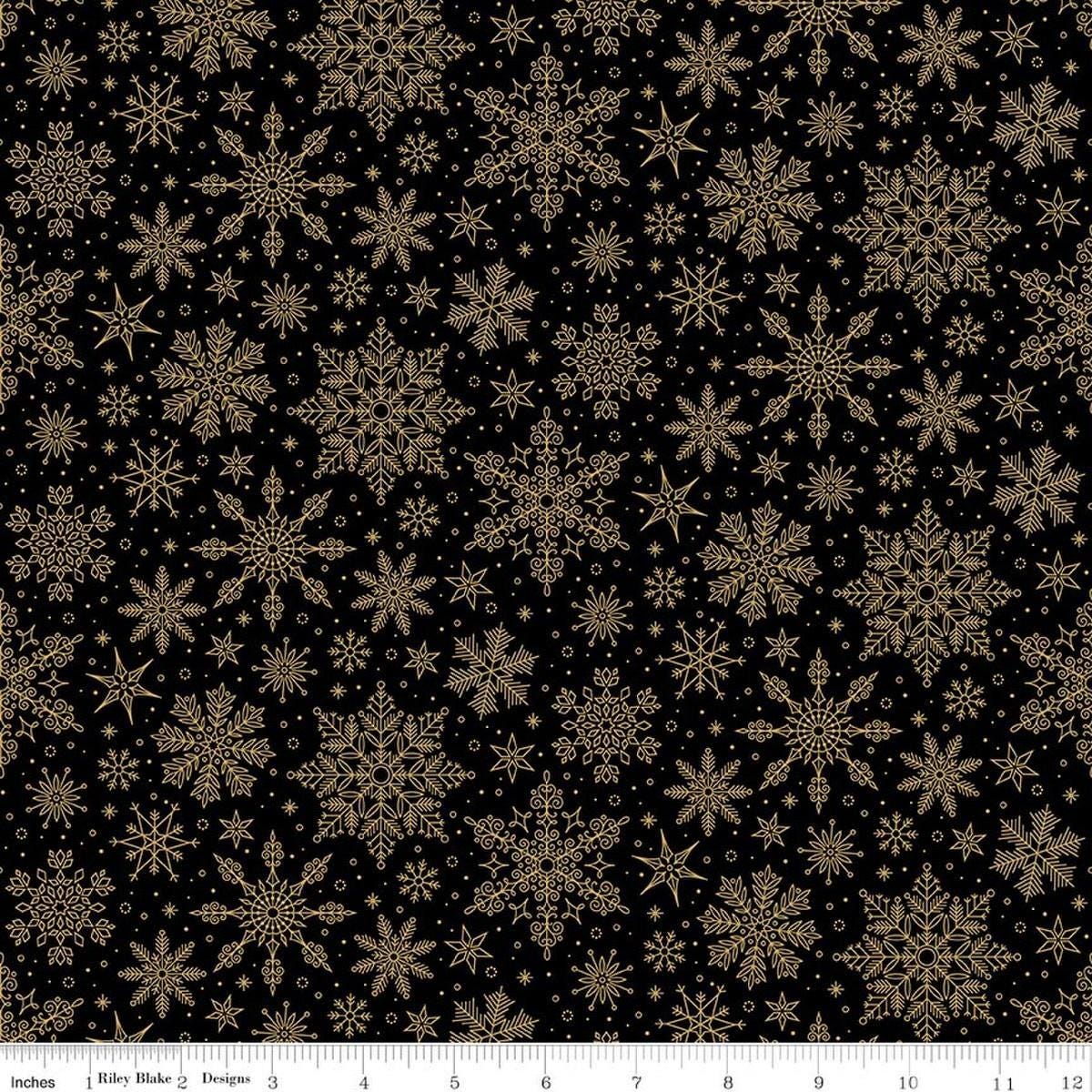 Image of Poinsettias at Christmas Snowflakes Black Foil quilting cotton fabric by Jennifer Bosworth for Riley Blake Designs. Features snowflakes on a black background. Cute Little Fabric Shop.