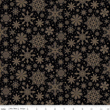Image of Poinsettias at Christmas Snowflakes Black Foil quilting cotton fabric by Jennifer Bosworth for Riley Blake Designs. Features snowflakes on a black background. Cute Little Fabric Shop.