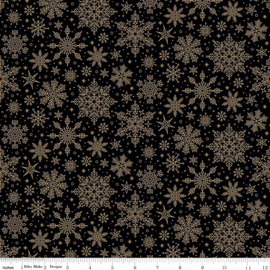 Image of Poinsettias at Christmas Snowflakes Black Foil quilting cotton fabric by Jennifer Bosworth for Riley Blake Designs. Features snowflakes on a black background. Cute Little Fabric Shop.