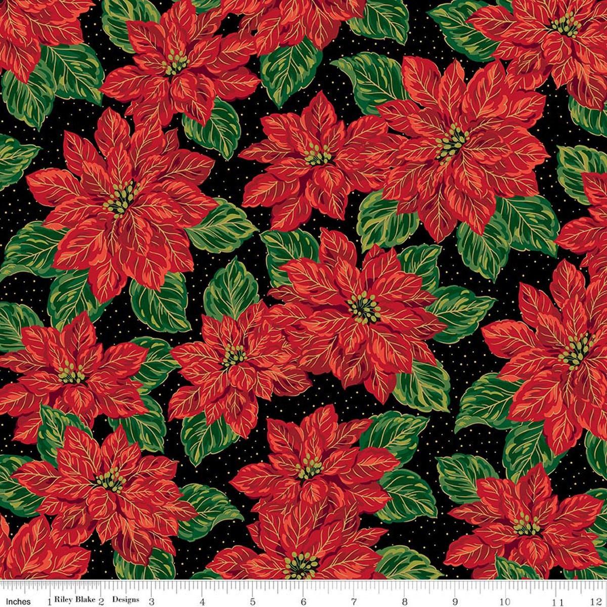 Image of Poinsettias at Christmas Main Black Foil quilting cotton fabric by Jennifer Bosworth for Riley Blake Designs. Features flowers on a black background. Cute Little Fabric Shop.