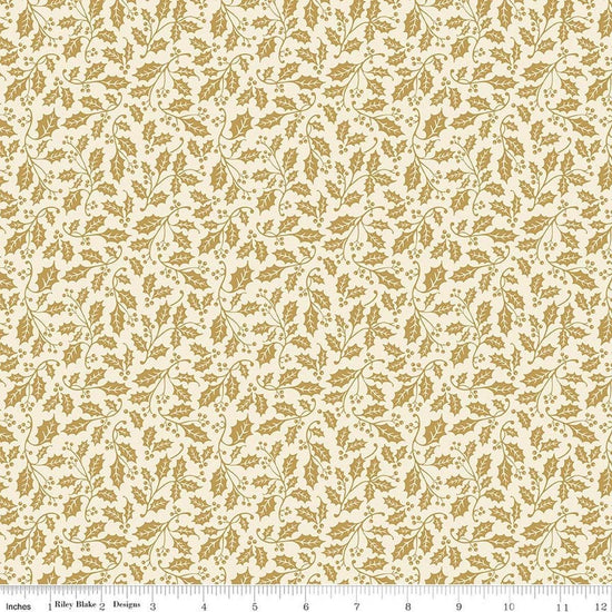 Image of Poinsettias at Christmas Holly Cream Foil quilting cotton fabric by Jennifer Bosworth for Riley Blake Designs. Features leaves on a cream background. Cute Little Fabric Shop.
