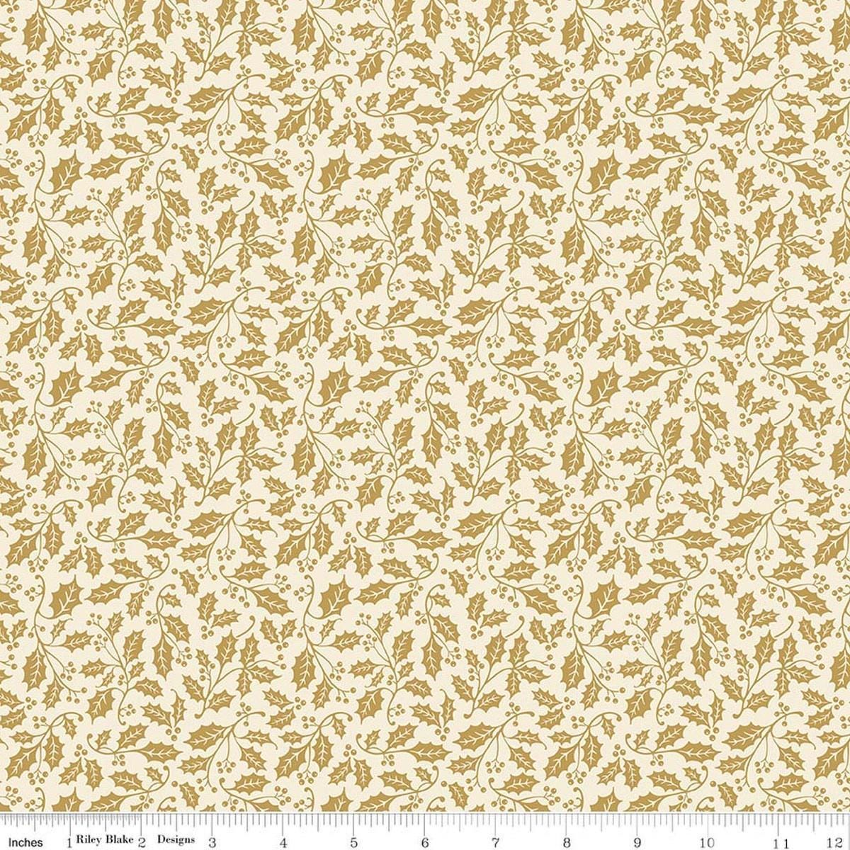 Image of Poinsettias at Christmas Holly Cream Foil quilting cotton fabric by Jennifer Bosworth for Riley Blake Designs. Features leaves on a cream background. Cute Little Fabric Shop.