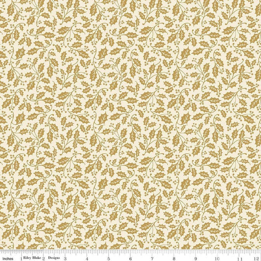 Image of Poinsettias at Christmas Holly Cream Foil quilting cotton fabric by Jennifer Bosworth for Riley Blake Designs. Features leaves on a cream background. Cute Little Fabric Shop.