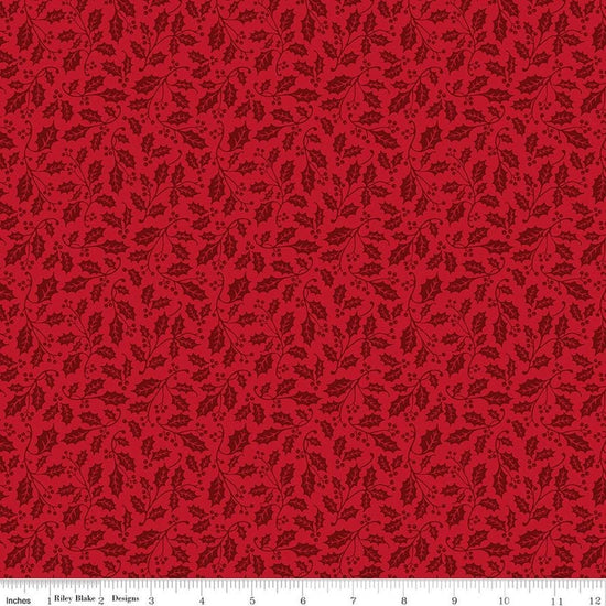 Image of Poinsettias at Christmas Holly Red quilting cotton fabric by Jennifer Bosworth for Riley Blake Designs. Features leaves on a red background. Cute Little Fabric Shop.