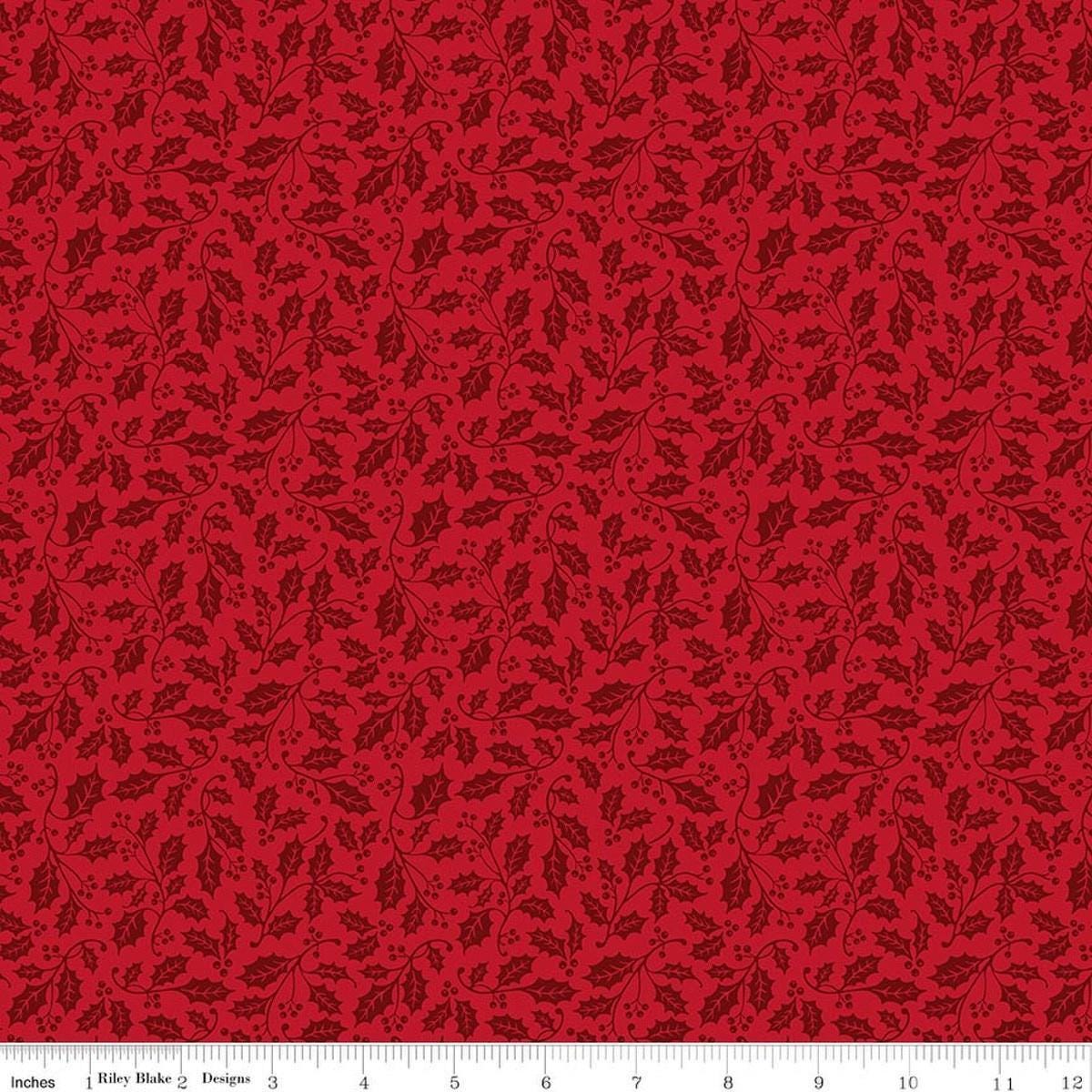 Image of Poinsettias at Christmas Holly Red quilting cotton fabric by Jennifer Bosworth for Riley Blake Designs. Features leaves on a red background. Cute Little Fabric Shop.