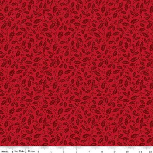 Image of Poinsettias at Christmas Holly Red quilting cotton fabric by Jennifer Bosworth for Riley Blake Designs. Features leaves on a red background. Cute Little Fabric Shop.