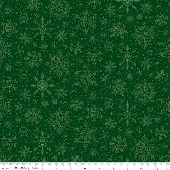 Image of Poinsettias at Christmas Snowflakes Green quilting cotton fabric by Jennifer Bosworth for Riley Blake Designs. Features snowflakes on a green background. Cute Little Fabric Shop.
