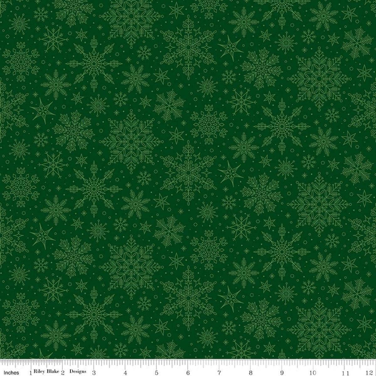 Image of Poinsettias at Christmas Snowflakes Green quilting cotton fabric by Jennifer Bosworth for Riley Blake Designs. Features snowflakes on a green background. Cute Little Fabric Shop.