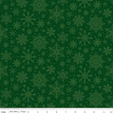 Image of Poinsettias at Christmas Snowflakes Green quilting cotton fabric by Jennifer Bosworth for Riley Blake Designs. Features snowflakes on a green background. Cute Little Fabric Shop.
