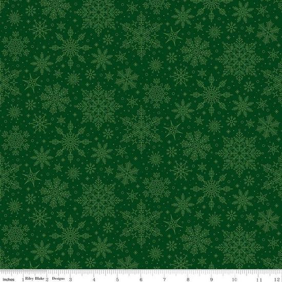 Image of Poinsettias at Christmas Snowflakes Green quilting cotton fabric by Jennifer Bosworth for Riley Blake Designs. Features snowflakes on a green background. Cute Little Fabric Shop.