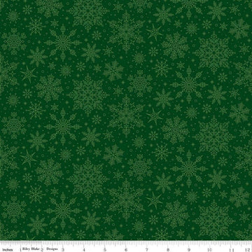 Image of Poinsettias at Christmas Snowflakes Green quilting cotton fabric by Jennifer Bosworth for Riley Blake Designs. Features snowflakes on a green background. Cute Little Fabric Shop.