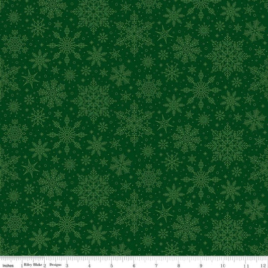 Image of Poinsettias at Christmas Snowflakes Green quilting cotton fabric by Jennifer Bosworth for Riley Blake Designs. Features snowflakes on a green background. Cute Little Fabric Shop.