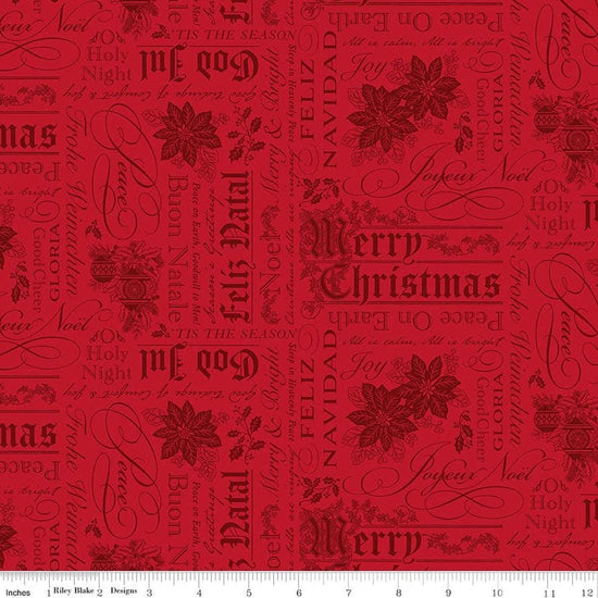 Image of Poinsettias at Christmas Text Red quilting cotton fabric by Jennifer Bosworth for Riley Blake Designs. Features words on a red background. Cute Little Fabric Shop.