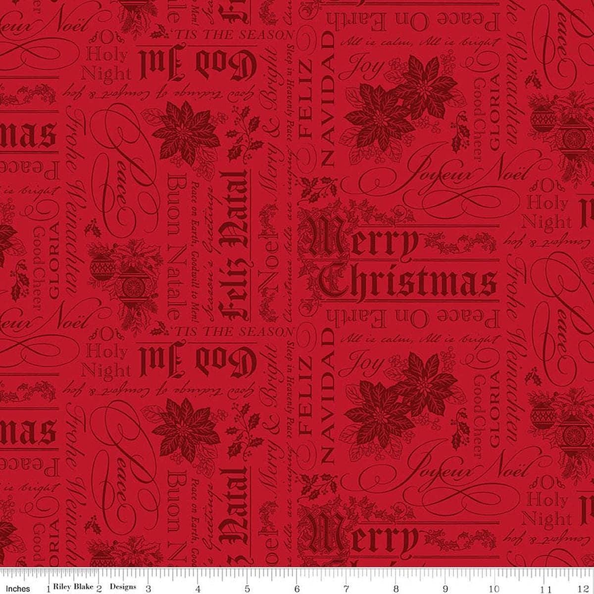 Image of Poinsettias at Christmas Text Red quilting cotton fabric by Jennifer Bosworth for Riley Blake Designs. Features words on a red background. Cute Little Fabric Shop.