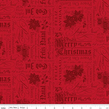 Image of Poinsettias at Christmas Text Red quilting cotton fabric by Jennifer Bosworth for Riley Blake Designs. Features words on a red background. Cute Little Fabric Shop.