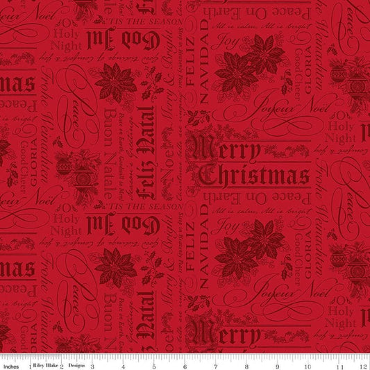 Image of Poinsettias at Christmas Text Red quilting cotton fabric by Jennifer Bosworth for Riley Blake Designs. Features words on a red background. Cute Little Fabric Shop.