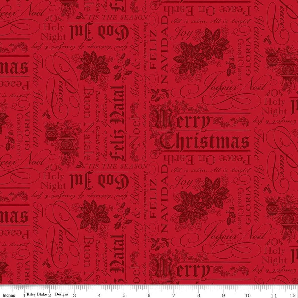 Image of Poinsettias at Christmas Text Red quilting cotton fabric by Jennifer Bosworth for Riley Blake Designs. Features words on a red background. Cute Little Fabric Shop.