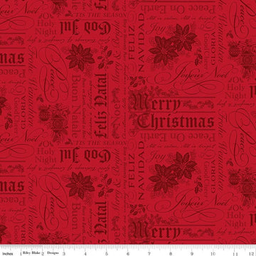 Image of Poinsettias at Christmas Text Red quilting cotton fabric by Jennifer Bosworth for Riley Blake Designs. Features words on a red background. Cute Little Fabric Shop.