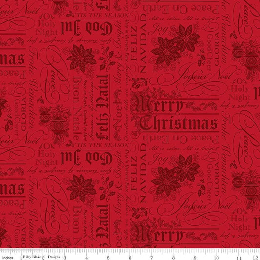 Image of Poinsettias at Christmas Text Red quilting cotton fabric by Jennifer Bosworth for Riley Blake Designs. Features words on a red background. Cute Little Fabric Shop.