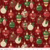 Image of Poinsettias at Christmas Ornaments Red Foil quilting cotton fabric by Jennifer Bosworth for Riley Blake Designs. Features ornaments on a red background. Cute Little Fabric Shop.