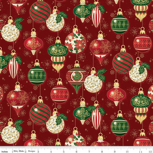 Image of Poinsettias at Christmas Ornaments Red Foil quilting cotton fabric by Jennifer Bosworth for Riley Blake Designs. Features ornaments on a red background. Cute Little Fabric Shop.