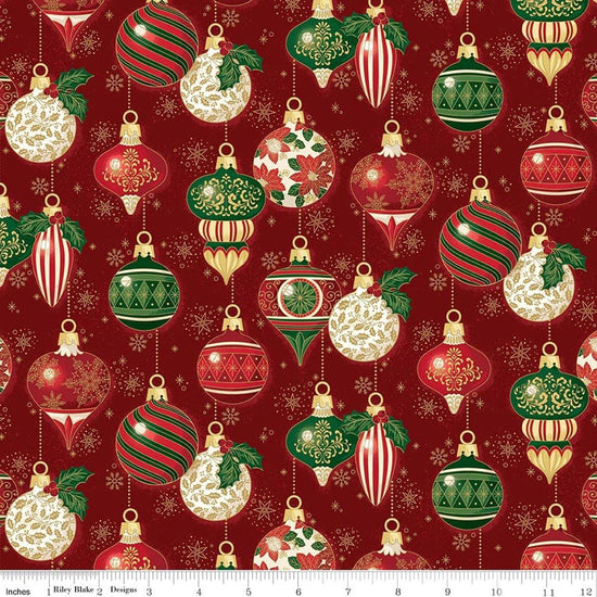 Image of Poinsettias at Christmas Ornaments Red Foil quilting cotton fabric by Jennifer Bosworth for Riley Blake Designs. Features ornaments on a red background. Cute Little Fabric Shop.