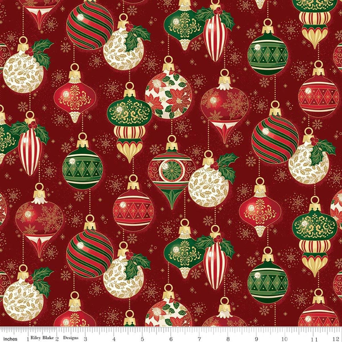 Image of Poinsettias at Christmas Ornaments Red Foil quilting cotton fabric by Jennifer Bosworth for Riley Blake Designs. Features ornaments on a red background. Cute Little Fabric Shop.