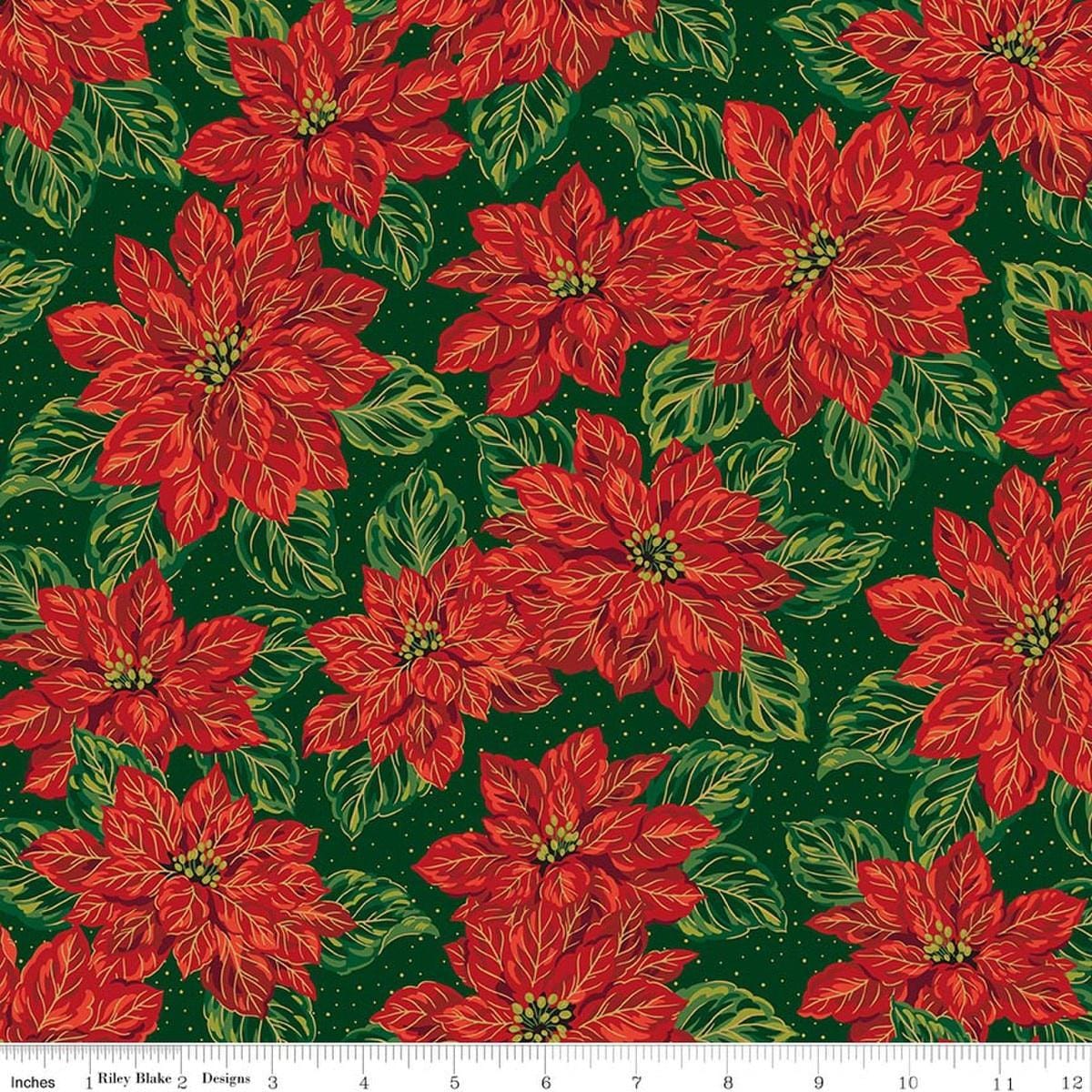 Image of Poinsettias at Christmas Main Green Foil quilting cotton fabric by Jennifer Bosworth for Riley Blake Designs. Features flowers on a green background. Cute Little Fabric Shop.