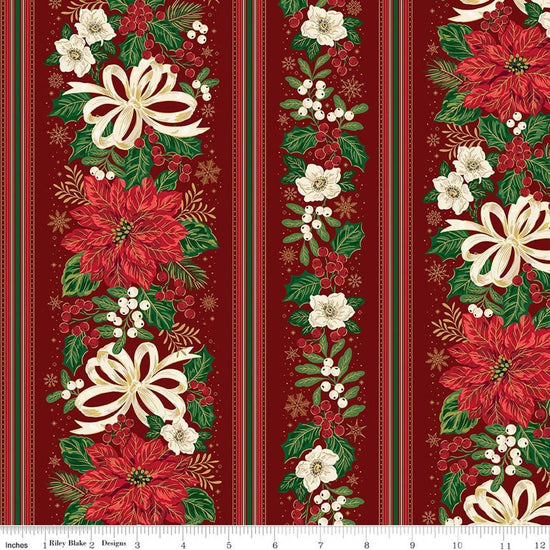 Image of Poinsettias at Christmas Border Stripe Red Foil quilting cotton fabric by Jennifer Bosworth for Riley Blake Designs. Features flowers on a red background. Cute Little Fabric Shop.
