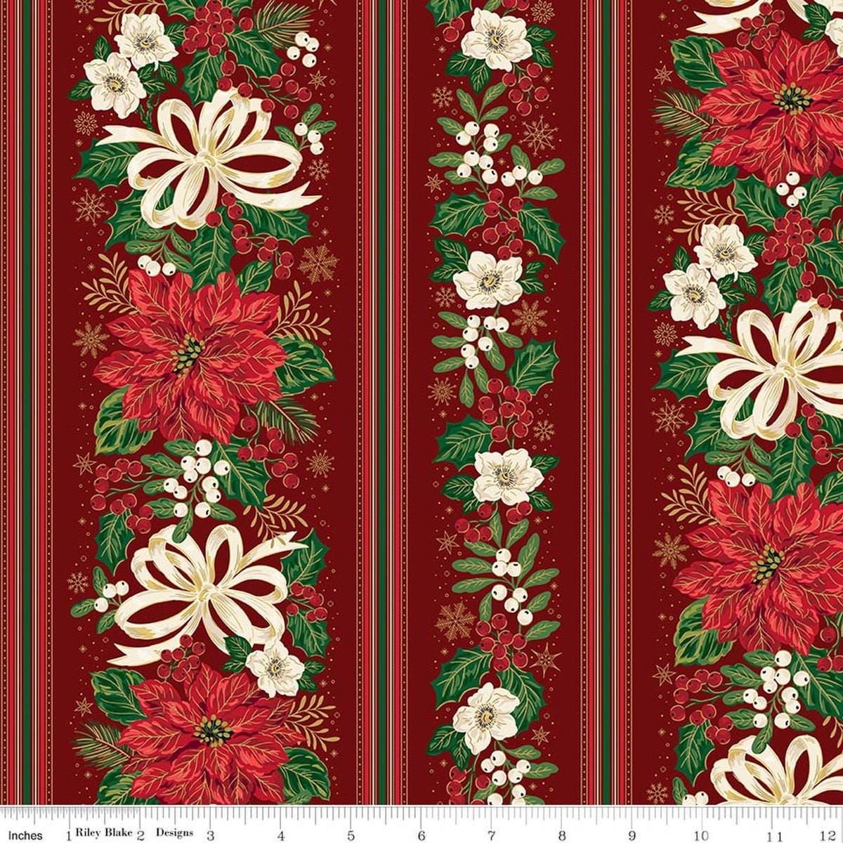Image of Poinsettias at Christmas Border Stripe Red Foil quilting cotton fabric by Jennifer Bosworth for Riley Blake Designs. Features flowers on a red background. Cute Little Fabric Shop.