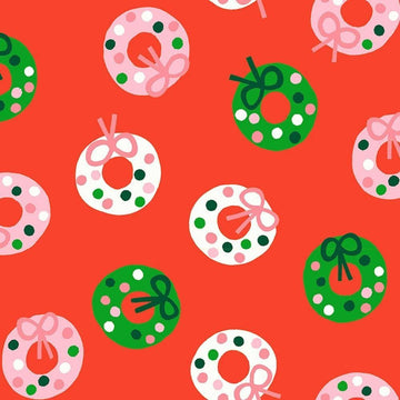 Image of Merry Happy Bough Down Lollipop quilting cotton fabric by Kimberly Kight of Ruby Star Society for Moda Fabrics. Features wreaths on a red background. Cute Little Fabric Shop.